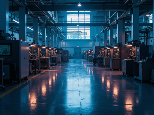 现代化电子工厂车间内部，多台精密线路板制造设备正在运行，身穿防静电服的技术人员在操作设备，蓝色LED照明营造专业氛围