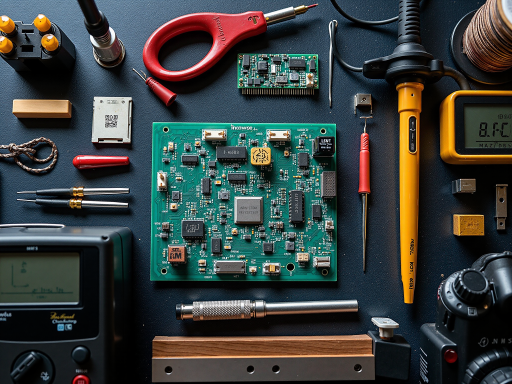 双面板线路板正面和背面，绿色基材，复杂电路走线，多个焊盘和过孔，专业测量工具旁衬托