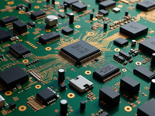 HDI高密度线路板微观结构，极细间距焊盘，微孔技术，显微镜下观察效果，展现精密制造工艺